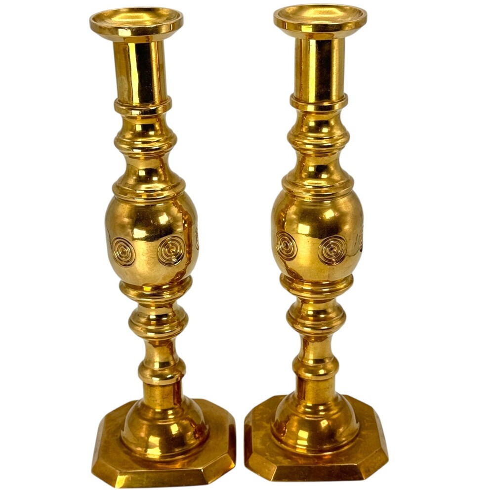 Pair Brass Candlestick Holders Decor Circular Bullseye Design Gold Finish VTG